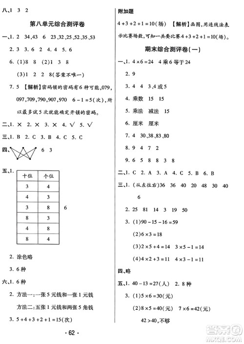 黑龙江美术出版社2023年秋黄冈金榜大考卷期末必刷二年级数学上册人教版答案