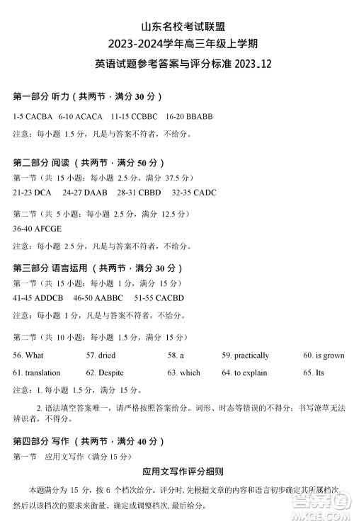 山东名校考试联盟2023年12月高三年级阶段性检测英语参考答案