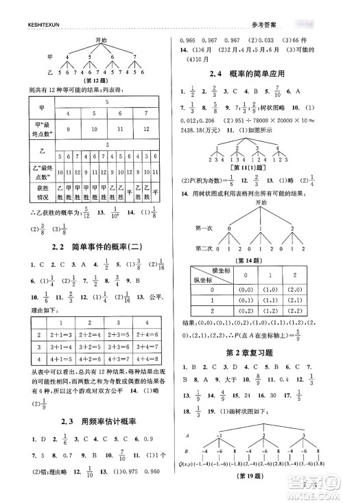 浙江人民出版社2023年秋课时特训九年级数学全一册浙教版答案