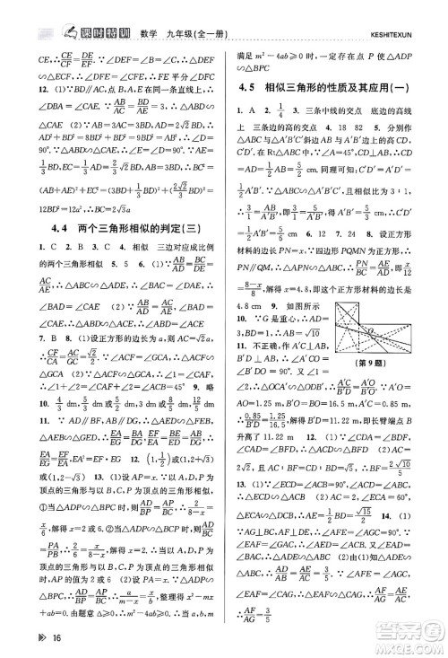浙江人民出版社2023年秋课时特训九年级数学全一册浙教版答案