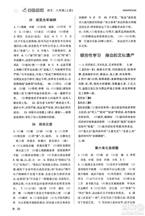 浙江人民出版社2023年秋课时特训八年级语文上册人教版答案