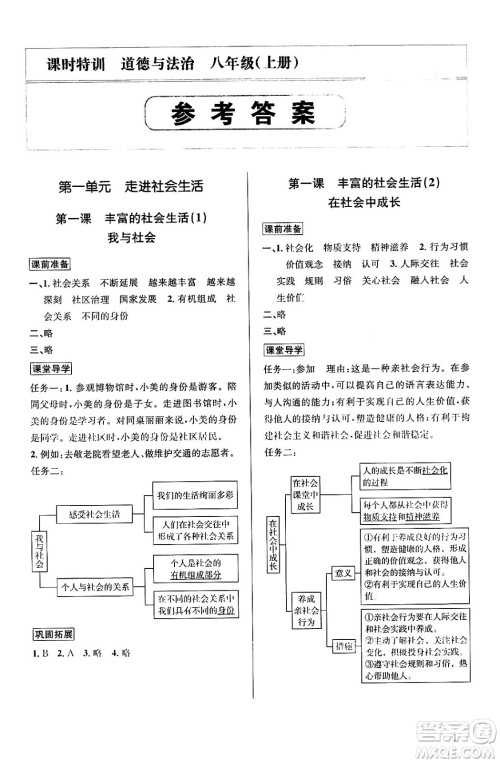 浙江人民出版社2023年秋课时特训八年级道德与法治上册通用版答案