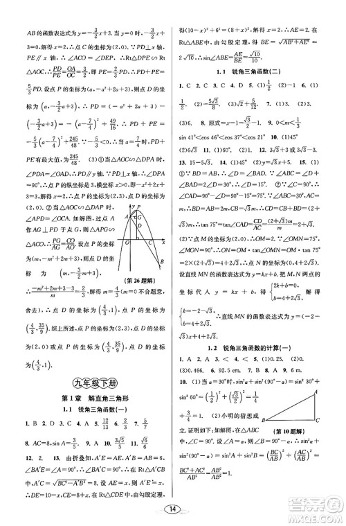 北京教育出版社2023年秋教与学课程同步讲练九年级数学全一册浙教版答案，