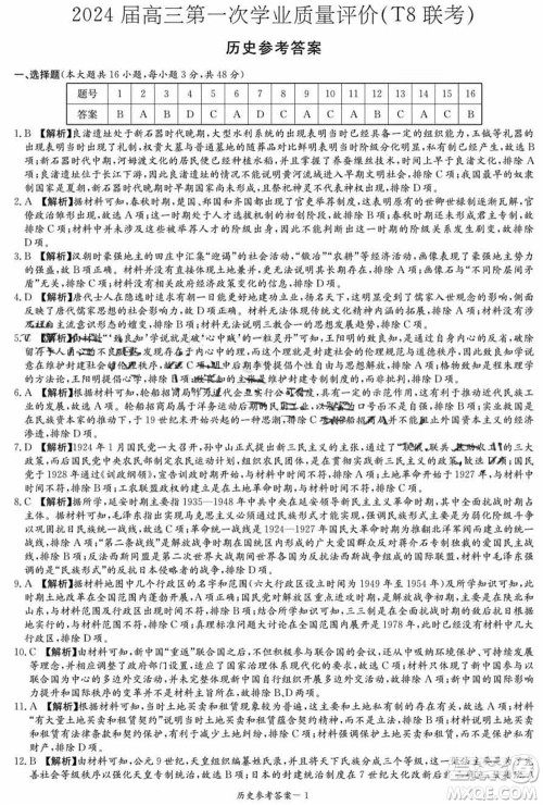 T8联考2024届高三上学期第一次学业质量评价历史参考答案 T8联考2024届高三上学期第一次学业质量评价历史参考答案