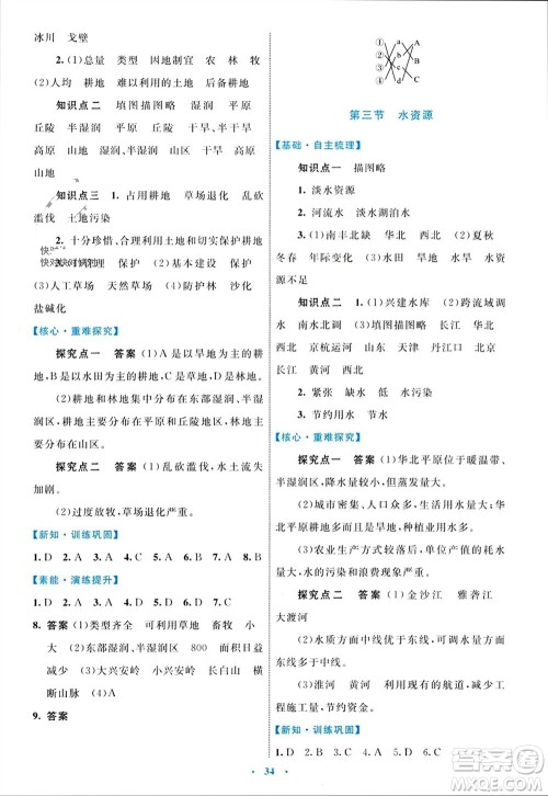 内蒙古教育出版社2023年秋初中同步学习目标与检测八年级地理上册人教版参考答案