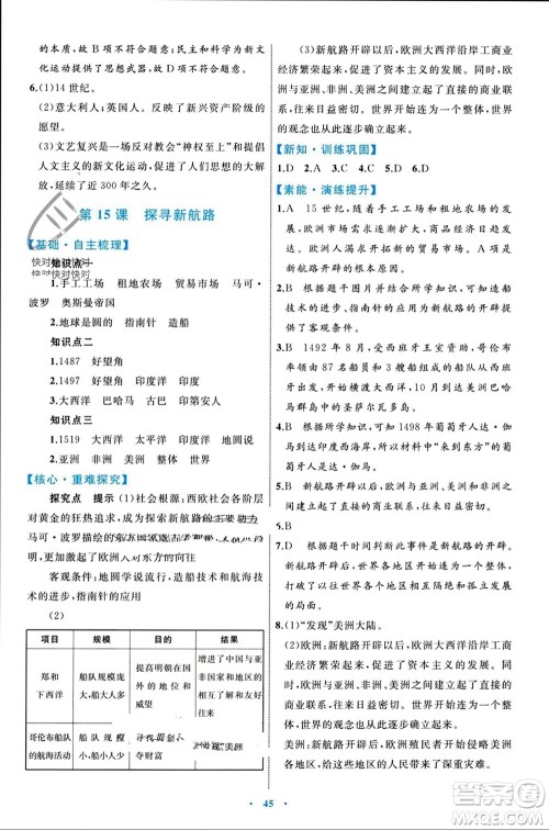 内蒙古教育出版社2023年秋初中同步学习目标与检测九年级历史上册人教版参考答案