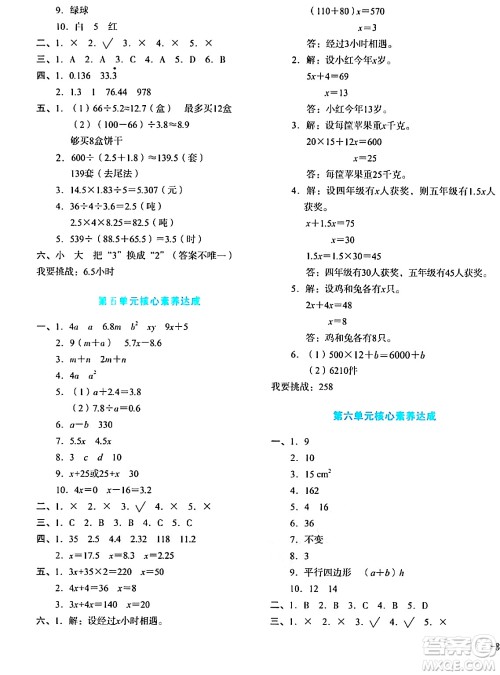 湖南教育出版社2023年秋学科素养与能力提升五年级数学上册人教版答案