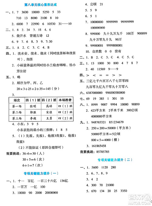 湖南教育出版社2023年秋学科素养与能力提升四年级数学上册人教版答案