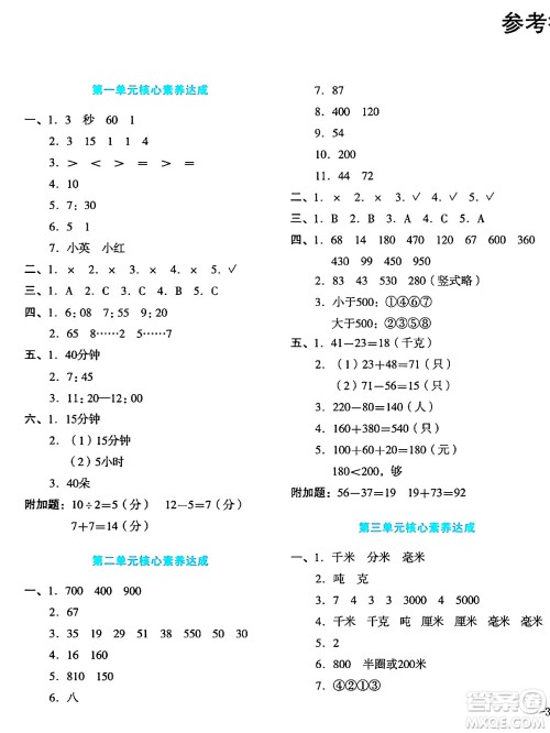 湖南教育出版社2023年秋学科素养与能力提升三年级数学上册人教版答案 湖南教育出版社2023年秋学科素养与能力提升三年级数学上册人教版答案