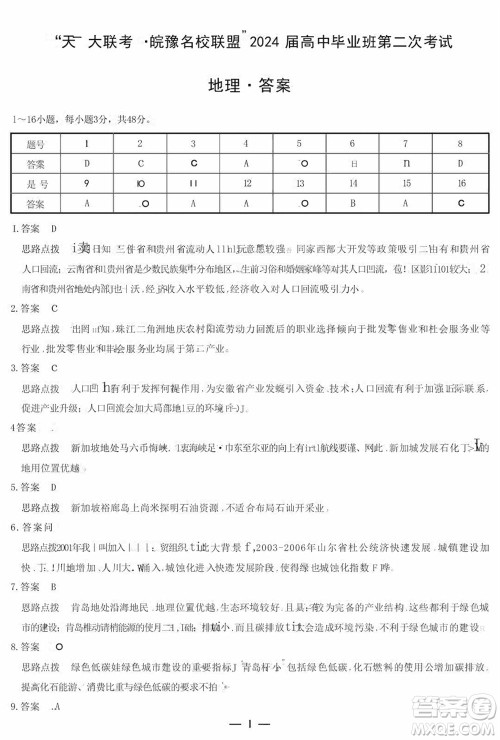 天一大联考皖豫名校联盟2024届高中毕业班上学期第二次考试地理参考答案 天一大联考皖豫名校联盟2024届高中毕业班上学期第二次考试地理参考答案