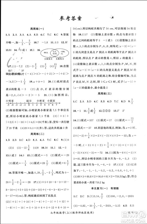 新疆青少年出版社2023年秋原创新课堂七年级数学上册华师大版参考答案