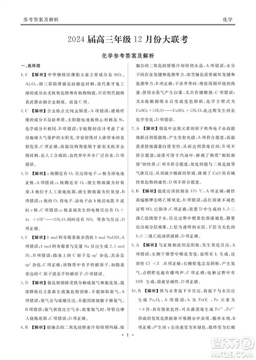 衡水金卷2024届高三上学期12月大联考化学试题参考答案