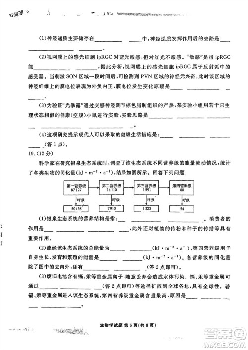 衡水金卷2024届高三上学期12月大联考生物试题参考答案