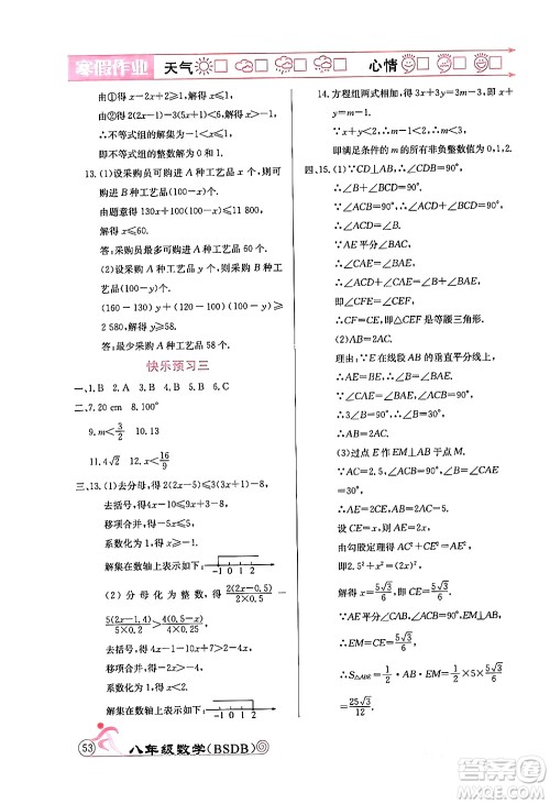 延边教育出版社2024年寒假作业八年级数学北师大版答案