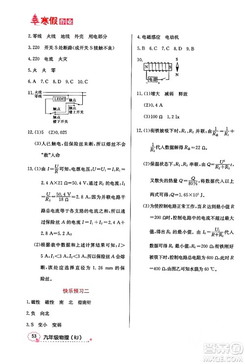 延边教育出版社2024年寒假作业九年级物理人教版答案