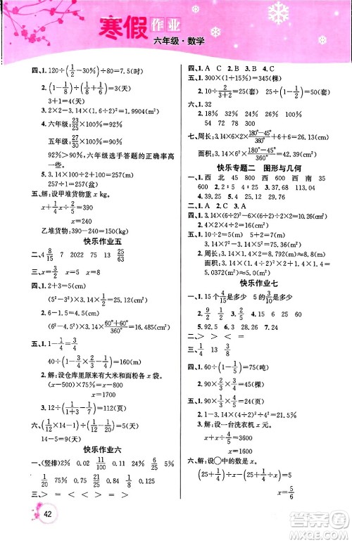延边教育出版社2024年快乐假期寒假作业六年级数学人教版答案 延边教育出版社2024年快乐假期寒假作业六年级数学人教版答案