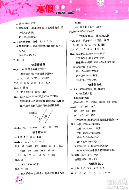 延边教育出版社2024年快乐假期寒假作业四年级数学人教版答案