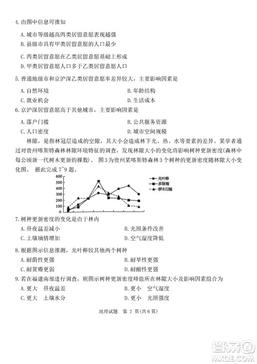 重庆南开中学2024届高三上学期第五次质量检测地理试题参考答案