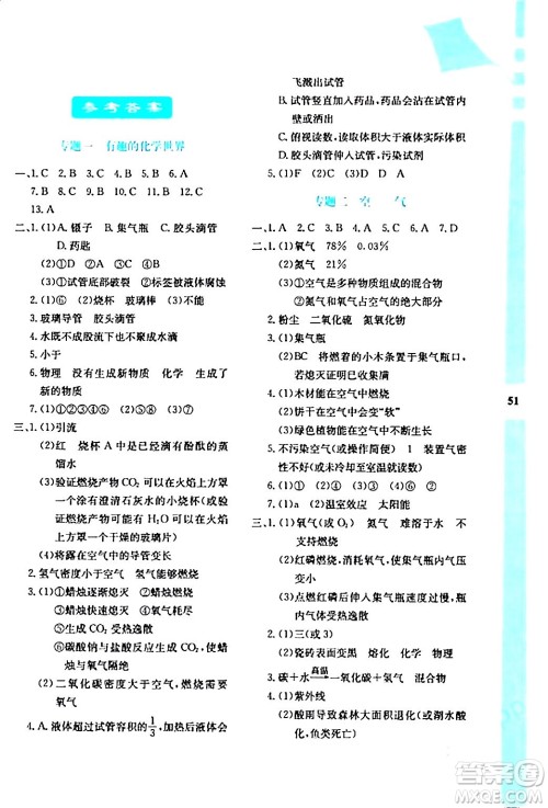 陕西人民教育出版社2024寒假作业与生活九年级化学人教版参考答案