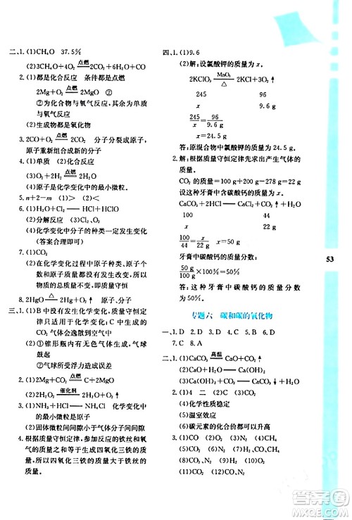 陕西人民教育出版社2024寒假作业与生活九年级化学人教版参考答案