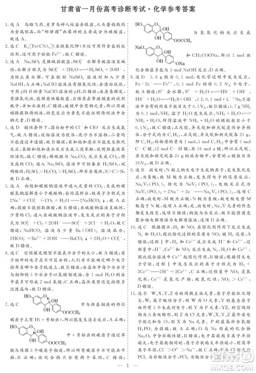 甘肃省2024届高三上学期1月高考诊断考试化学参考答案