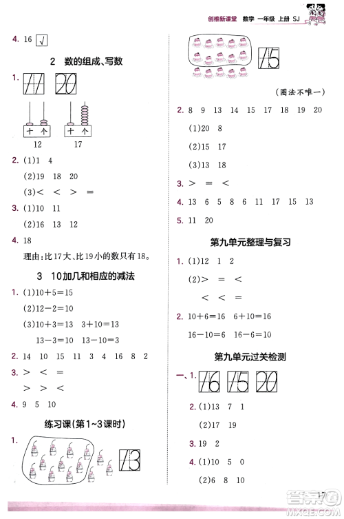 江西人民出版社2023年秋王朝霞创维新课堂一年级数学上册苏教版答案