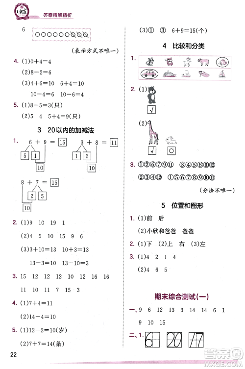 江西人民出版社2023年秋王朝霞创维新课堂一年级数学上册苏教版答案