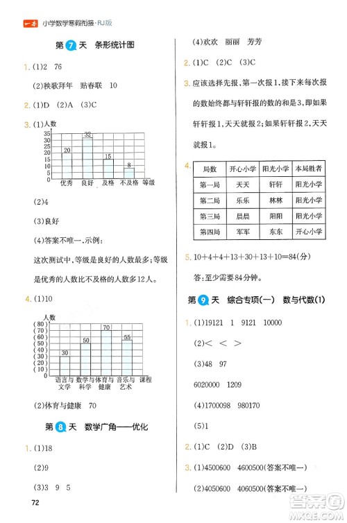 浙江教育出版社2024一本寒假衔接四年级数学人教版答案