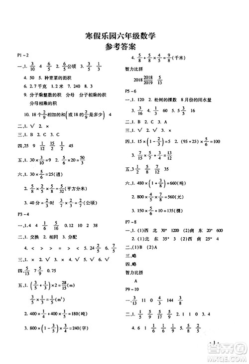 北京教育出版社2024寒假乐园六年级数学人教版河南专版答案