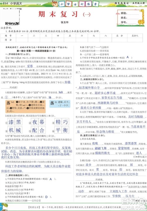 2023年秋少年智力开发报五年级语文上册期末总复习合刊参考答案