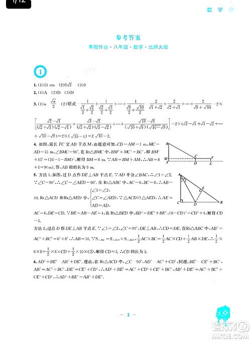 安徽教育出版社2024寒假作业八年级数学北师大版答案