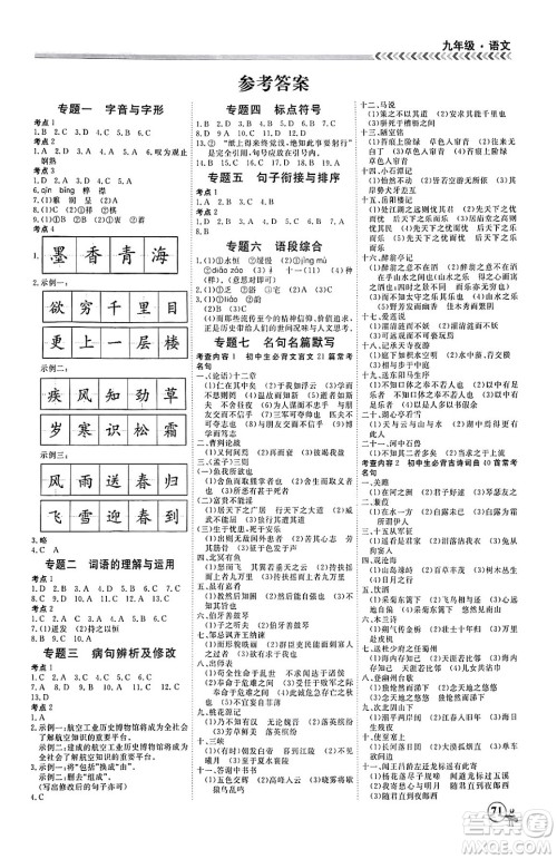 四川大学出版社2024假期冲冠学期系统总复习假期必备九年级语文通用版答案