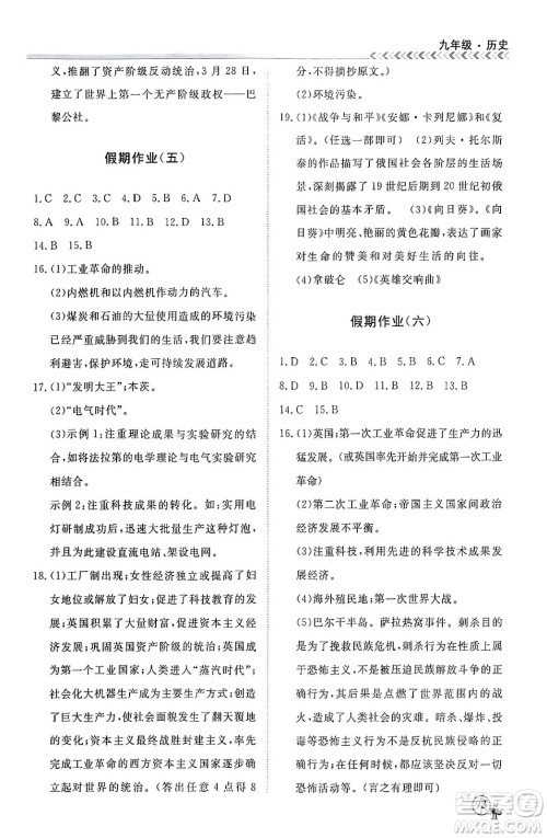 四川大学出版社2024假期冲冠学期系统总复习假期必备九年级历史通用版答案
