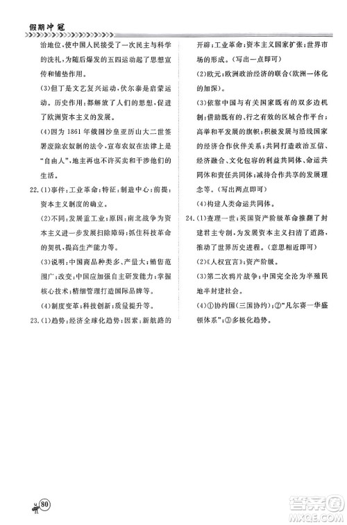 四川大学出版社2024假期冲冠学期系统总复习假期必备九年级历史通用版答案