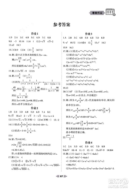 兰州大学出版社2024寒假作业八年级数学华东师大版答案