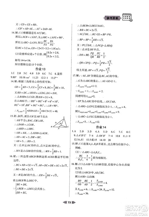 兰州大学出版社2024寒假作业九年级数学华东师大版答案