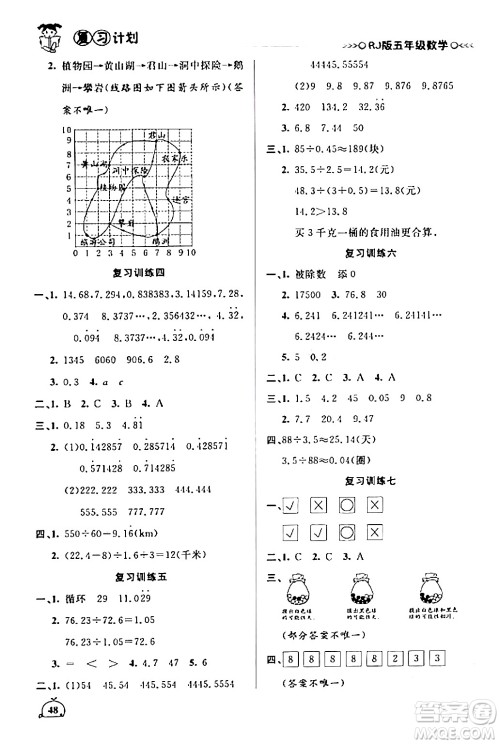 延边大学出版社2024品至教育假期复习计划期末寒假衔接五年级数学人教版答案