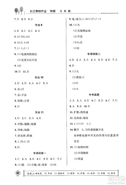 崇文书局2024长江寒假作业九年级物理通用版答案