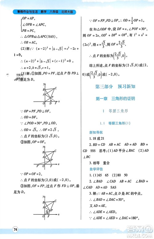 陕西师范大学出版总社有限公司2024寒假作业与生活八年级数学北师大版参考答案