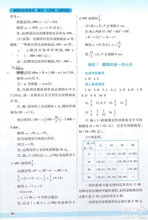 陕西师范大学出版总社有限公司2024寒假作业与生活九年级数学北师大版参考答案