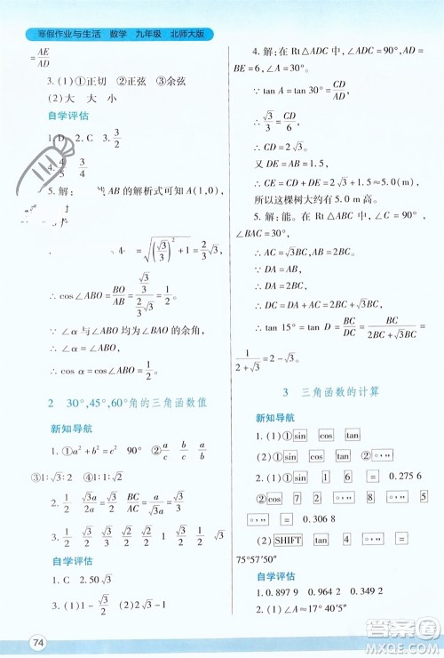 陕西师范大学出版总社有限公司2024寒假作业与生活九年级数学北师大版参考答案