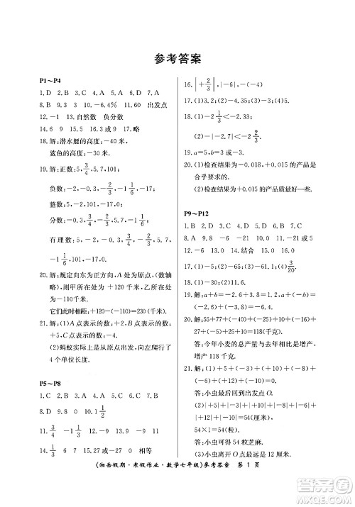 湖南大学出版社2024北京央教湘岳假期寒假作业七年级数学人教版答案