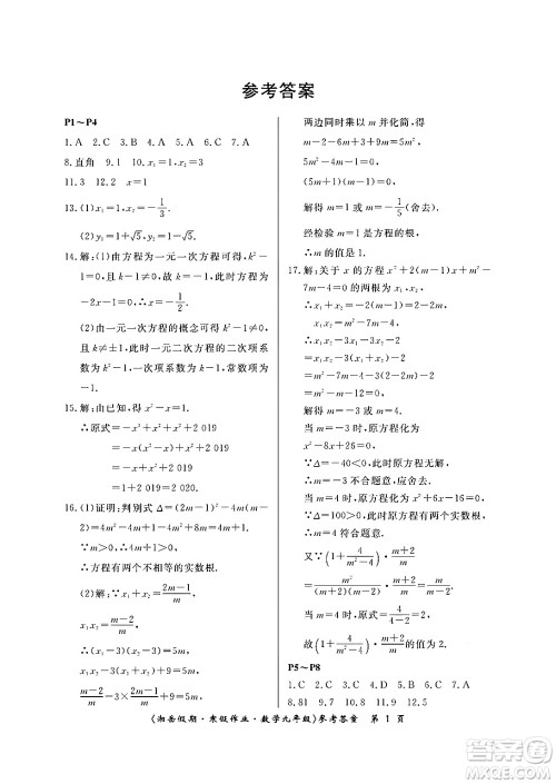 湖南大学出版社2024北京央教湘岳假期寒假作业九年级数学人教版答案