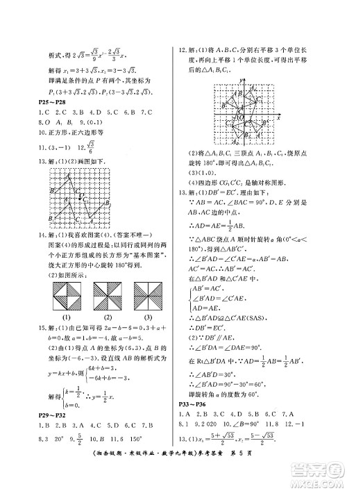 湖南大学出版社2024北京央教湘岳假期寒假作业九年级数学人教版答案