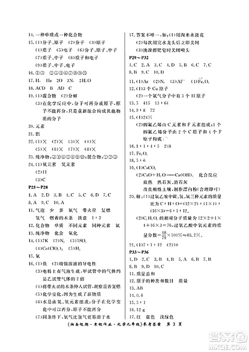 湖南大学出版社2024北京央教湘岳假期寒假作业九年级化学人教版答案 湖南大学出版社2024北京央教湘岳假期寒假作业九年级化学人教版答案
