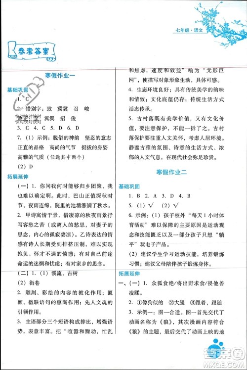 河北人民出版社2024寒假作业七年级语文通用版参考答案