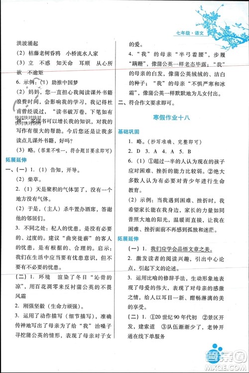 河北人民出版社2024寒假作业七年级语文通用版参考答案