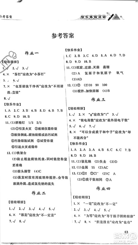 内蒙古人民出版社2024快乐寒假活动九年级化学通用版参考答案