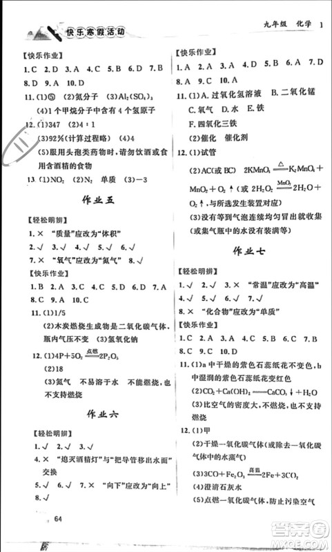 内蒙古人民出版社2024快乐寒假活动九年级化学通用版参考答案 内蒙古人民出版社2024快乐寒假活动九年级化学通用版参考答案