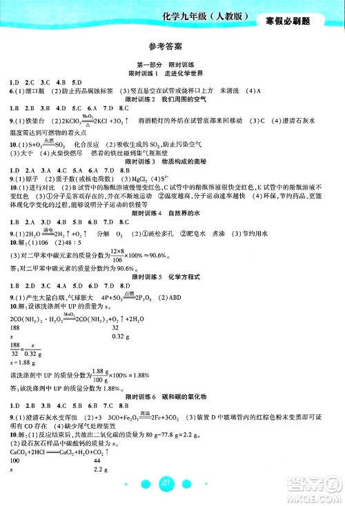 安徽大学出版社2024假期总动员寒假必刷题九年级化学人教版答案